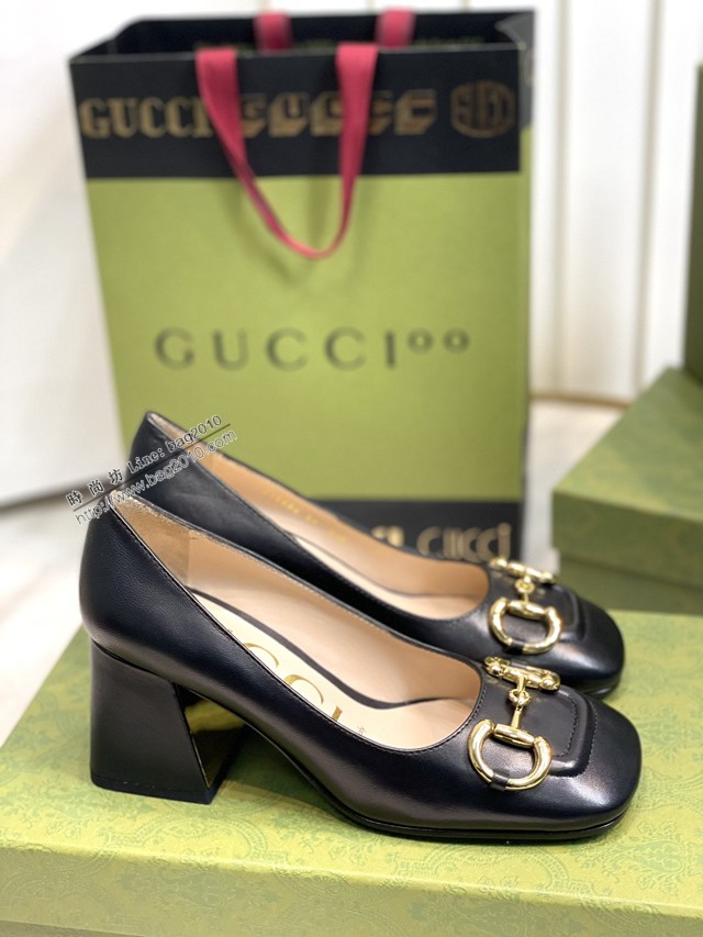 gucci女士羊皮鞋單鞋高跟鞋 古馳爆款網紅早春馬銜扣新款粗跟復古鞋 dx2894